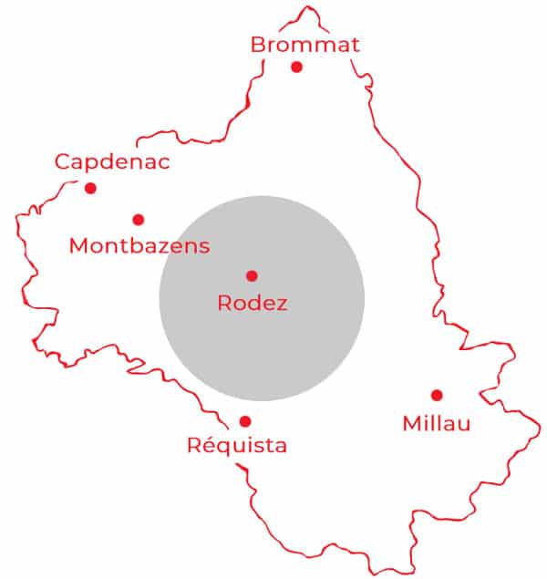 Carte de l'Aveyron avec la zone géographique de Veolia pour l'entretien des réseaux d'eau